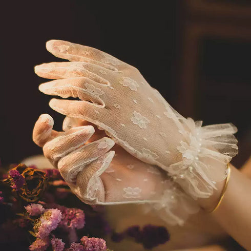 White Bridal Lace Gloves – Floral Ruffled Cuff Wedding Gloves